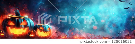 3D depiction of a Halloween night scene with glowing digital pumpkins and holographic decorations, vibrant and festive 3D depiction of a Halloween night scene with glowing digital pumpkins and holographic decorations, vibrant and festive 128016031