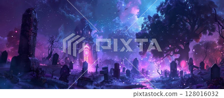 3D depiction of a haunted graveyard with digital skeletons and glowing tombstones, eerie and vibrant 128016032