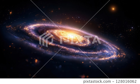 Captivating Spiral Galaxy Glowing in Shimmering Hues of Purple and Gold 128016062
