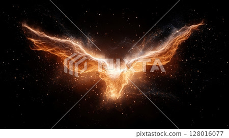 Magnificent Cosmic Phoenix Nebula with Glowing Ethereal Wings Illuminating the Starry Universe 128016077
