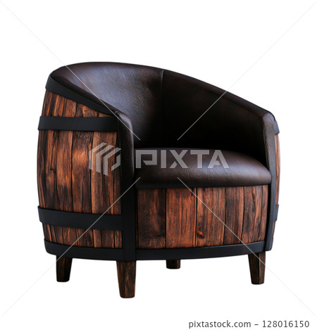 Comfortable and Stylish Barrel Chair with Dark Leather and Wooden Finish 128016150