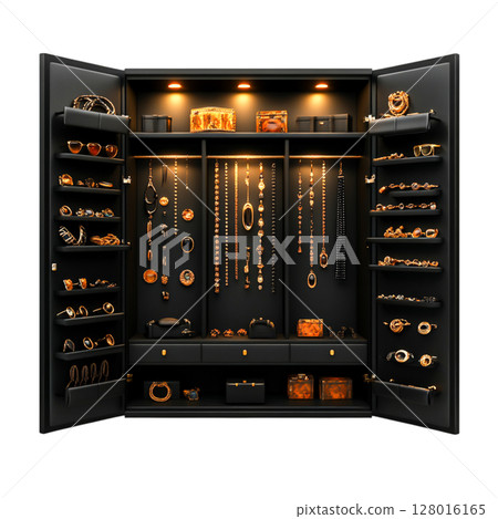 Elegant Jewelry Display Showcase with Illumination and Multitude of Shine Accessories Elegant Jewelry Display Showcase with Illumination and Multitude of Shine Accessories 128016165