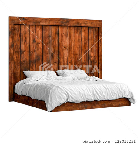 Rustic Wooden Bed with Soft White Bedding in a Minimalist Style Bedroom Setting Rustic Wooden Bed with Soft White Bedding in a Minimalist Style Bedroom Setting 128016231