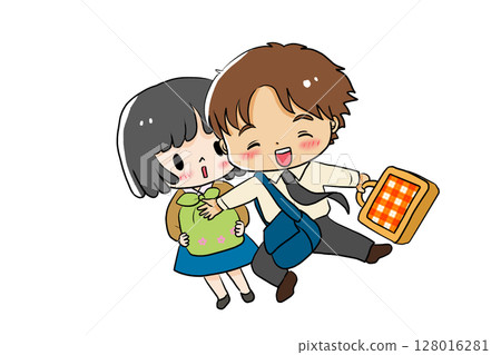 微笑的男人和女孩帶著行李 128016281