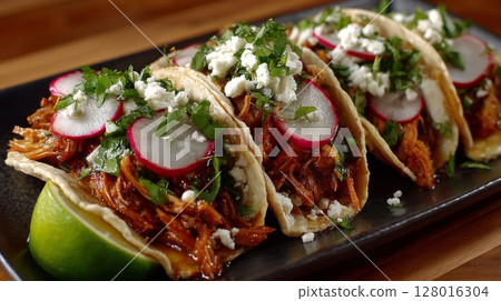 Pulled Pork Tacos with Radishes and Feta 128016304