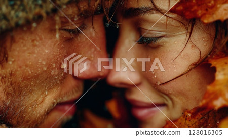Close Up of a Couple's Faces Surrounded by Autumn Leaves 128016305