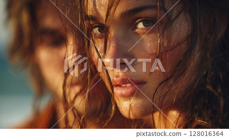 Close Up Portrait of a Wet Young Couple at Sunset 128016364