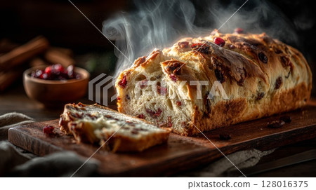 Warm Cranberry Bread on Wooden Board 128016375