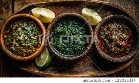 Three vibrant sauces in wooden bowls with lime wedges Three vibrant sauces in wooden bowls with lime wedges 128016384