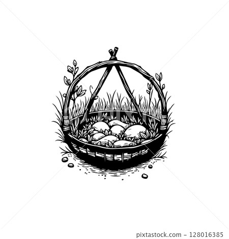Artistic depiction of a hand-drawn hanging basket filled with stones and grass Artistic depiction of a hand-drawn hanging basket filled with stones and grass 128016385