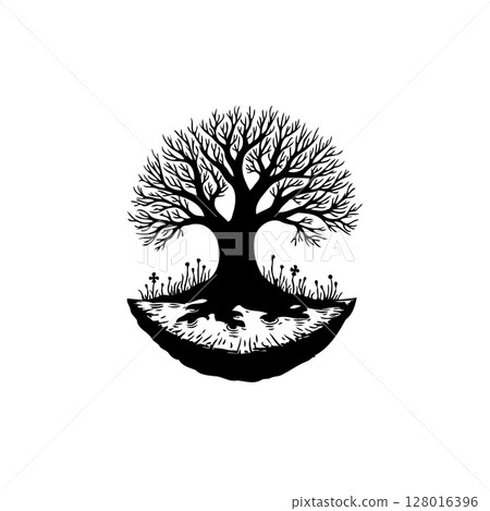 Monochrome symbolic tree of life with roots and vegetation digital illustration 128016396