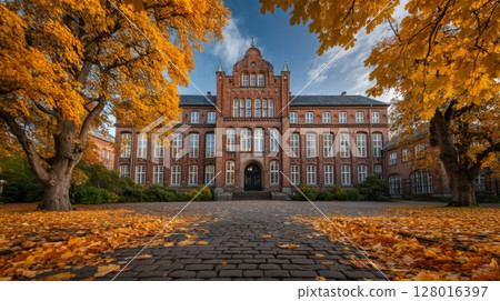 Brick Building with Golden Autumn Leaves Brick Building with Golden Autumn Leaves 128016397