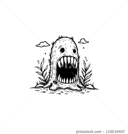 Creepy monochrome cartoon monster illustration with sharp teeth and ominous presence 128016407