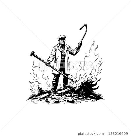 Vintage illustration of a man battling flames with tools against a white background 128016409
