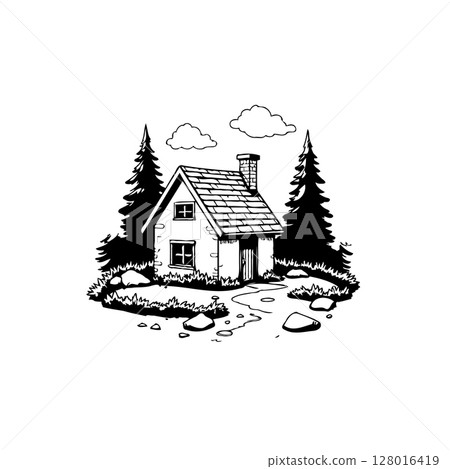 Charming Black and White Illustration of a Cozy Cottage Nestled in Nature Scenery Charming Black and White Illustration of a Cozy Cottage Nestled in Nature Scenery 128016419