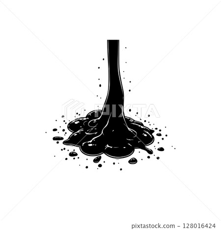 Black liquid pouring, representing crude oil, petroleum, or paint in monochrome 128016424
