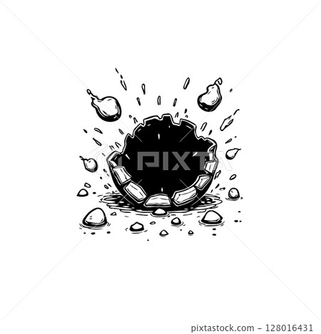Dynamic Broken Stone Sphere with Debris - Dramatic Impact and Scattered Elements Illustration Dynamic Broken Stone Sphere with Debris - Dramatic Impact and Scattered Elements Illustration 128016431