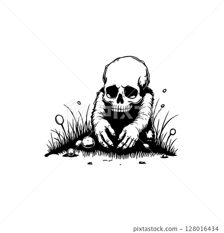 Monochrome vector illustration: eerie skull emerging from the earth in grayscale Monochrome vector illustration: eerie skull emerging from the earth in grayscale 128016434