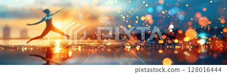 Silhouette of a person leaping towards a bright, colorful background. 128016444