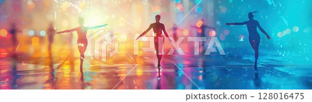 Silhouettes of figures in vibrant, colorful light. 128016475