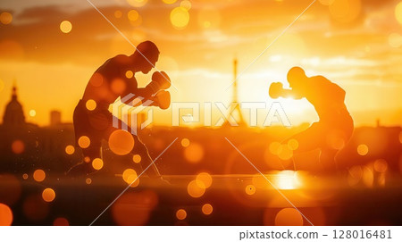 Two boxers silhouette against a vibrant sunset cityscape.  Photo depicts determination and strength in urban environment. 128016481
