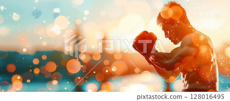 A boxer in training, blurred background, sunlit. 128016495