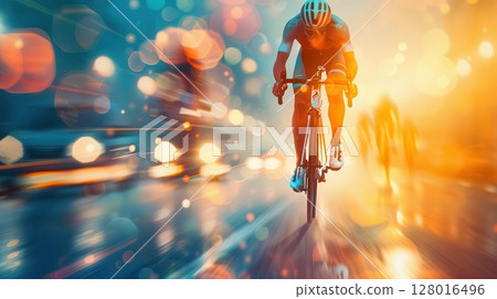 A cyclist races through a city street in the rain, with blurred lights and reflections in the wet pavement. 128016496
