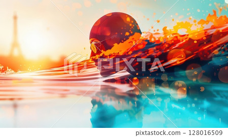 Abstract art with a red orb floating on a body of water with vibrant colors and a sunset backdrop. 128016509