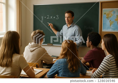Attentive Students Listening to Teacher in Bright Classroom Attentive Students Listening to Teacher in Bright Classroom 128016546