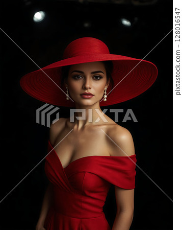 Elegant Woman in Red Dress and Hat Elegant Woman in Red Dress and Hat 128016547