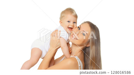 Happy cheerful smiling mother holding baby, joyful young mom and little child on white background 128016586