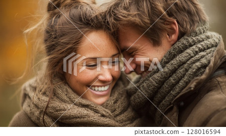 Happy Couple Embracing in Autumn Outdoors 128016594