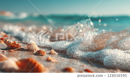 Seashells on Sandy Beach with White Ocean Waves 128016595