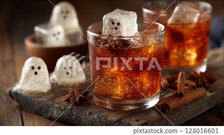 Spooky Halloween Cocktail with Ghost Ice Cubes 128016601