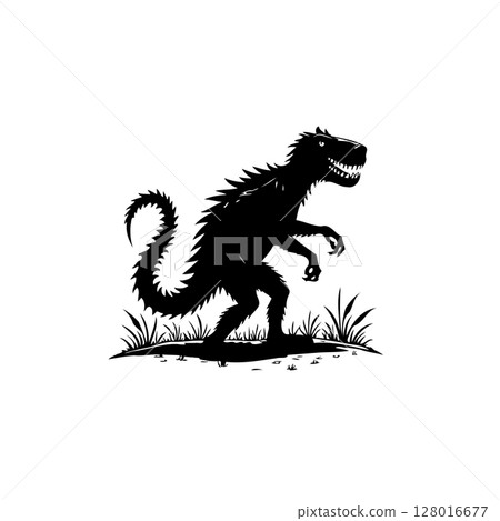 Silhouette of a Dinosaur Standing Tall in a Grassy Field Vector Illustration 128016677
