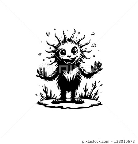 Whimsical Creature Illustration: A Playful Monster with Starburst Hair and Wide Eyes 128016678