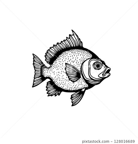 Detailed black and white illustration of a fish swimming in open water isolated Detailed black and white illustration of a fish swimming in open water isolated 128016689