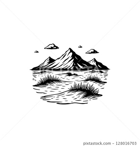 Monochromatic mountain landscape illustration evokes a sense of adventure and serenity Monochromatic mountain landscape illustration evokes a sense of adventure and serenity 128016703