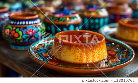 Creamy Flan Dessert on Colorful Pottery Plate 128016765