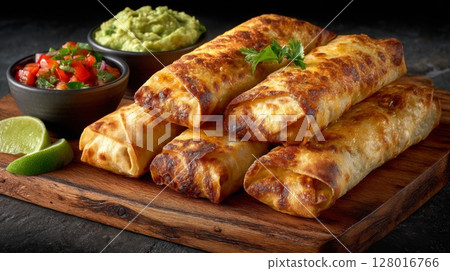 Crispy Rolled Tacos with Guacamole and Salsa 128016766