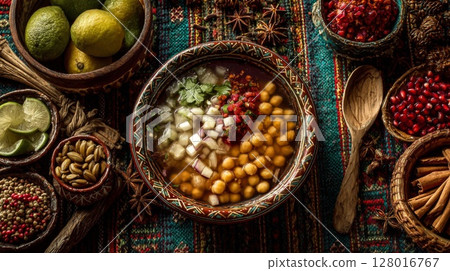 Overhead Shot of Chickpea Soup with Spices and Pomegranate Overhead Shot of Chickpea Soup with Spices and Pomegranate 128016767