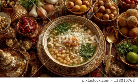 Overhead View of Hearty Chickpea Soup in Elegant Gold Setting 128016768