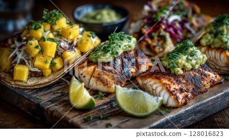 Grilled Fish Tacos with Mango Salsa and Guacamole Grilled Fish Tacos with Mango Salsa and Guacamole 128016823