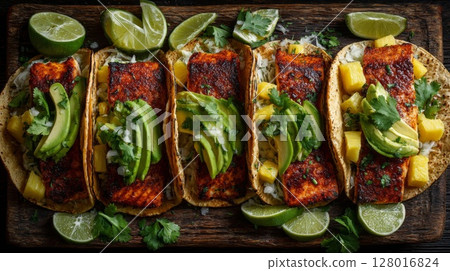 Grilled Salmon Tacos with Pineapple Salsa and Avocado Grilled Salmon Tacos with Pineapple Salsa and Avocado 128016824