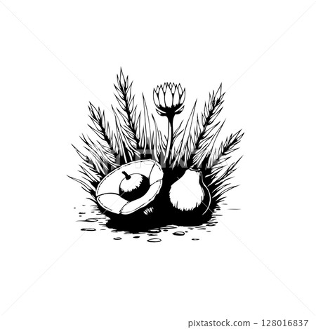 Monochrome botanical illustration featuring plants, fruits, and textures in artistic style 128016837