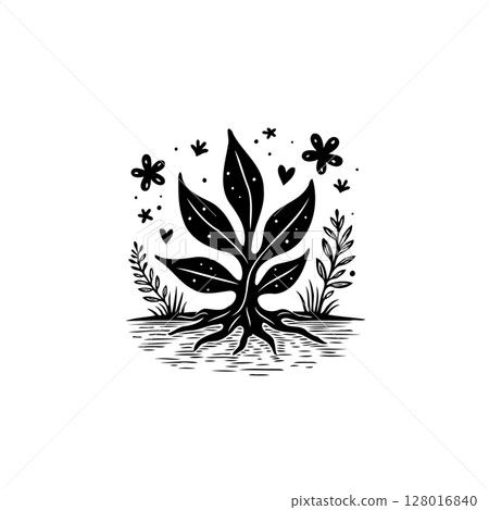 Simple Illustration of a Flourishing Plant with Intricate Root System and Delicate Blossoms 128016840
