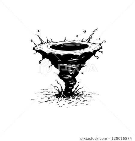 Tornado Illustration: A Detailed Black and White Depiction of a Swirling Vortex 128016874