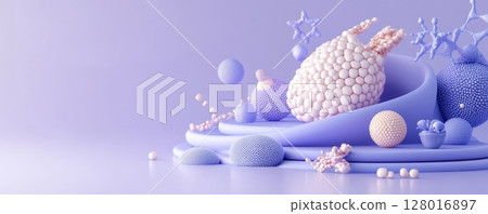 Surreal Spherical Composition with Pastel Hues and Organic Textures   A mesmerizing 3D digital art piece featuring a captivating arrangement of abstract geometric shapes and bubbles in a minimalist 128016897