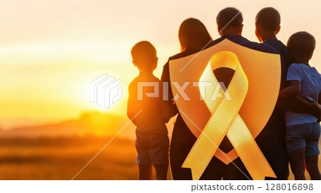 A silhouetted family of figures standing together and embracing under the warm glow of a shield shaped symbol against a serene and scenic sunset landscape  This image conveys a sense of 128016898