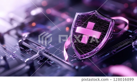 Abstract digital depicting a stylized shield or emblem with a vibrant pink ribbon element symbolizing protection security and innovative technology 128016899